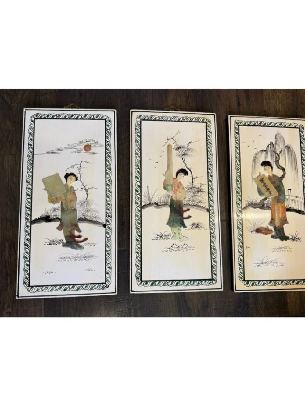 Vtg Lacquered Chinese Handcarved Soapstone 3D White Panel Set of 3 Wall Hangings